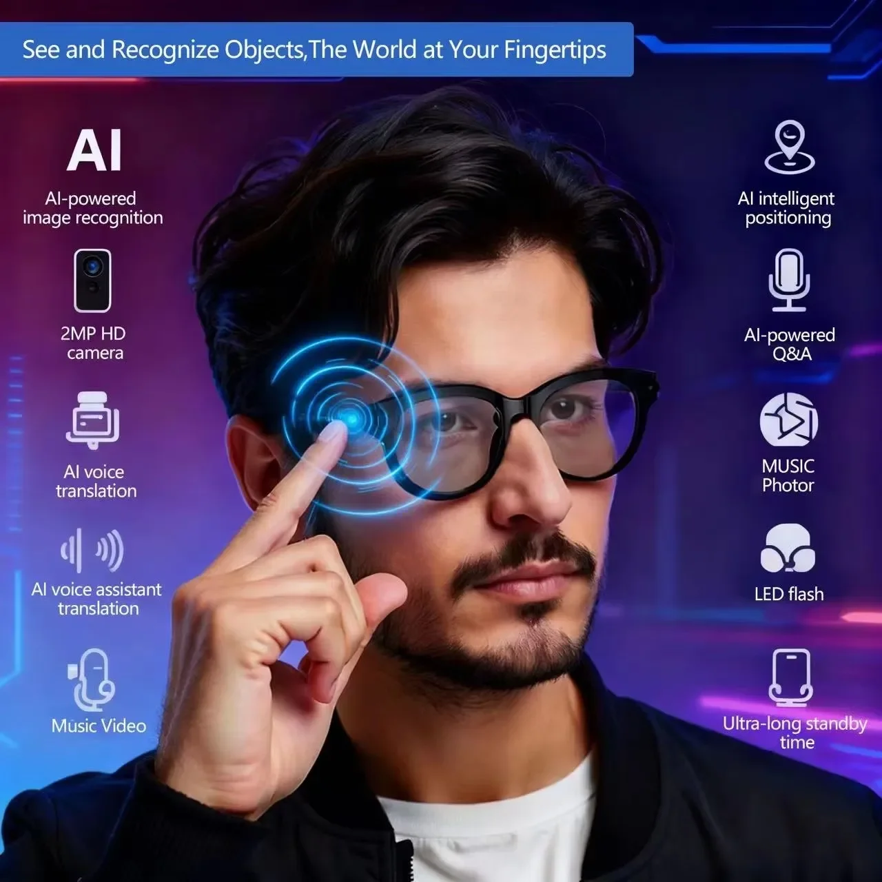 Audio With Music Ai - KI-Sonnenbrille für Herren mit Echtzeit-Übersetzung, Smart-Brille